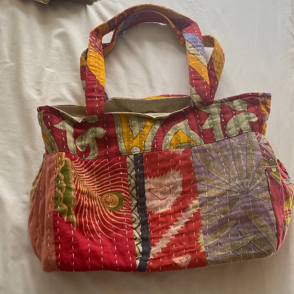 Kantha vintage hand stitched Colorful Patchwork Tote Bag - Picture 3 of 8